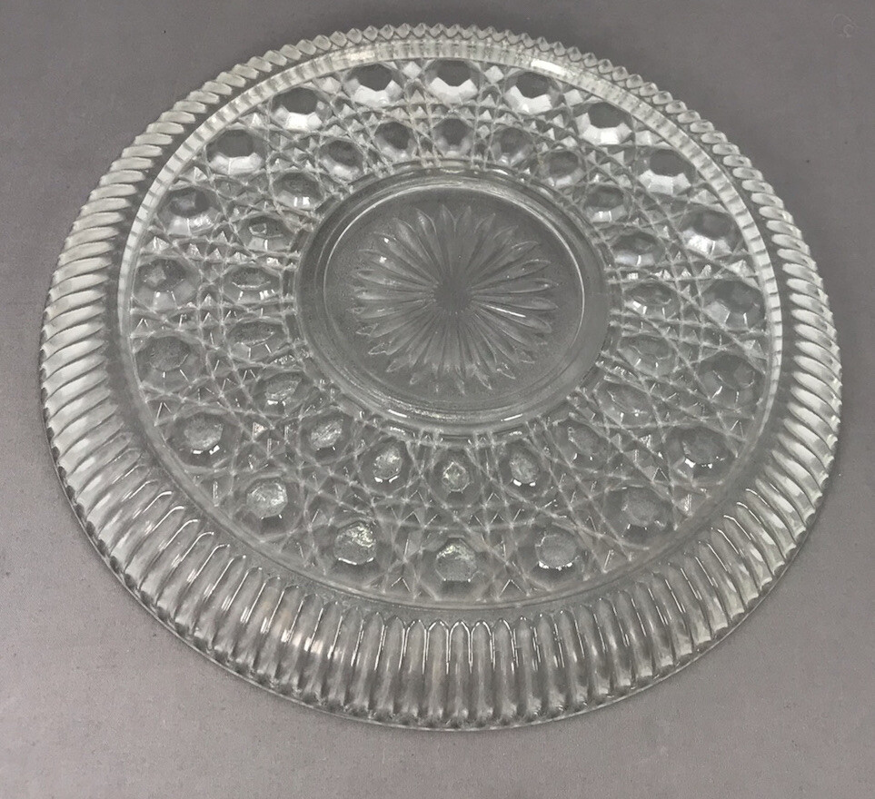 Vintage Pressed Glass Platter Diamond button Pattern 11" Cake Clear Beautiful