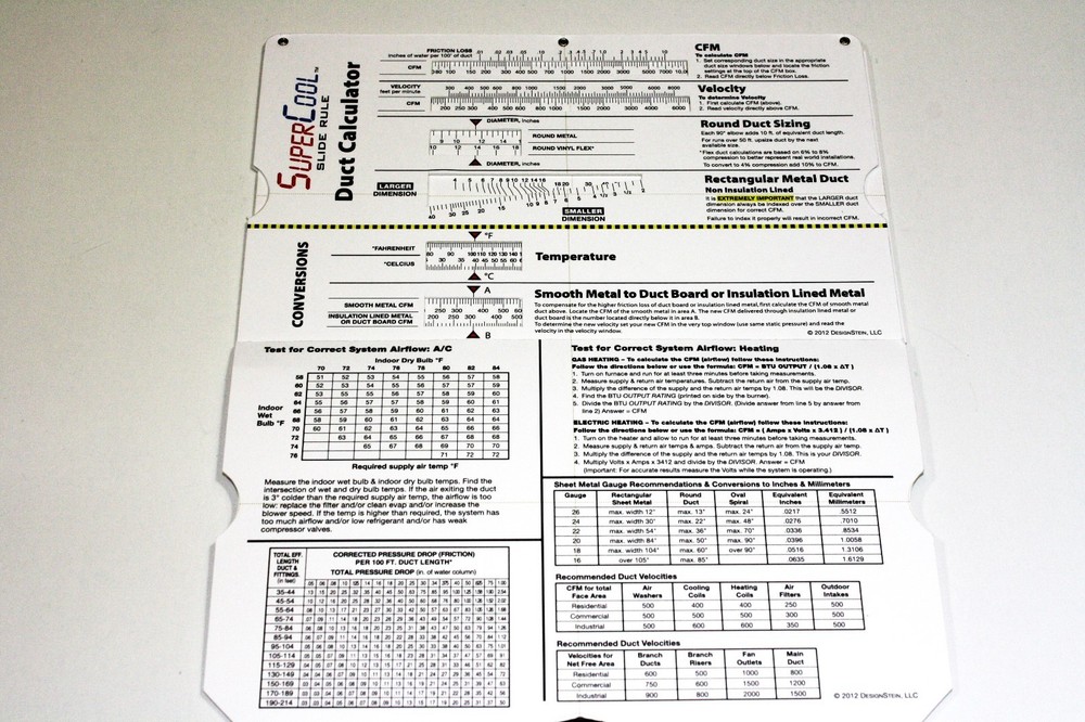 SuperCool Slide Rule Duct Sizing Chart Ductulator Calculator HVAC Charging Chart