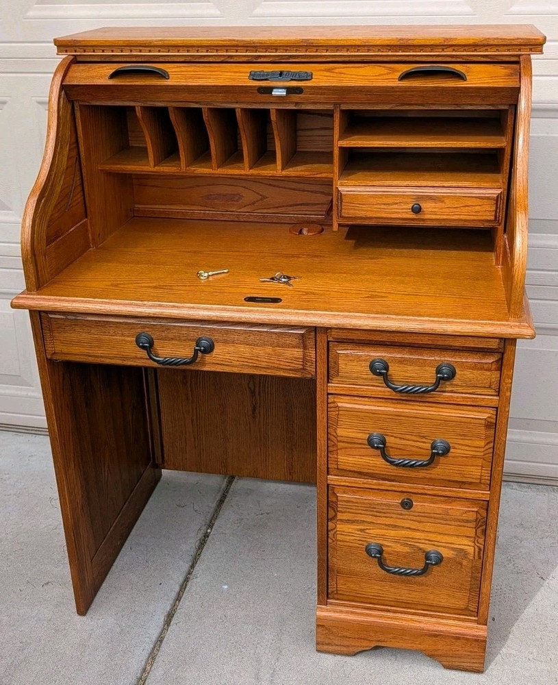 Solid Oak Roll-Top Desk by Winners Only Inc. – Locking Secretary Desk