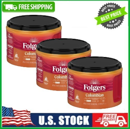 3 Canister Folgers Colombian Ground Coffee, Medium Roast, 22.6 oz Canister