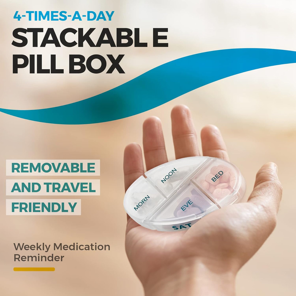 Weekly Pill Organizer, 1 Dispenser, 7 Stackable Compartments Four Times-A-Day -