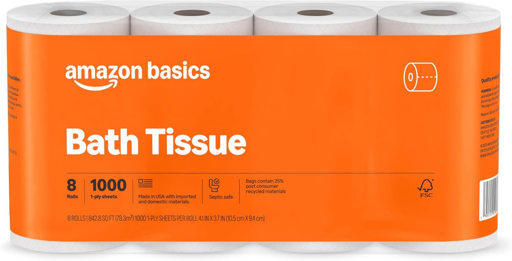 1000 Sheet 1-Ply Bath Tissue, 8 Rolls, Septic Safe