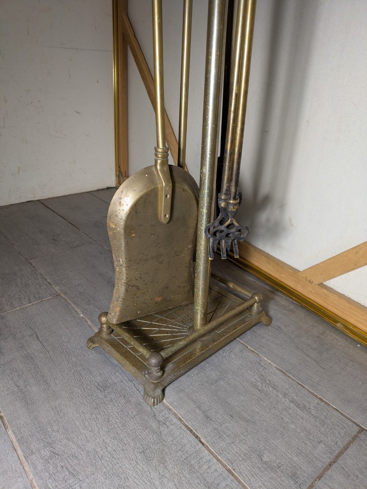 Vintage Mid Century Modern Art Deco Brass Pineapple Fireplace Tools Set
