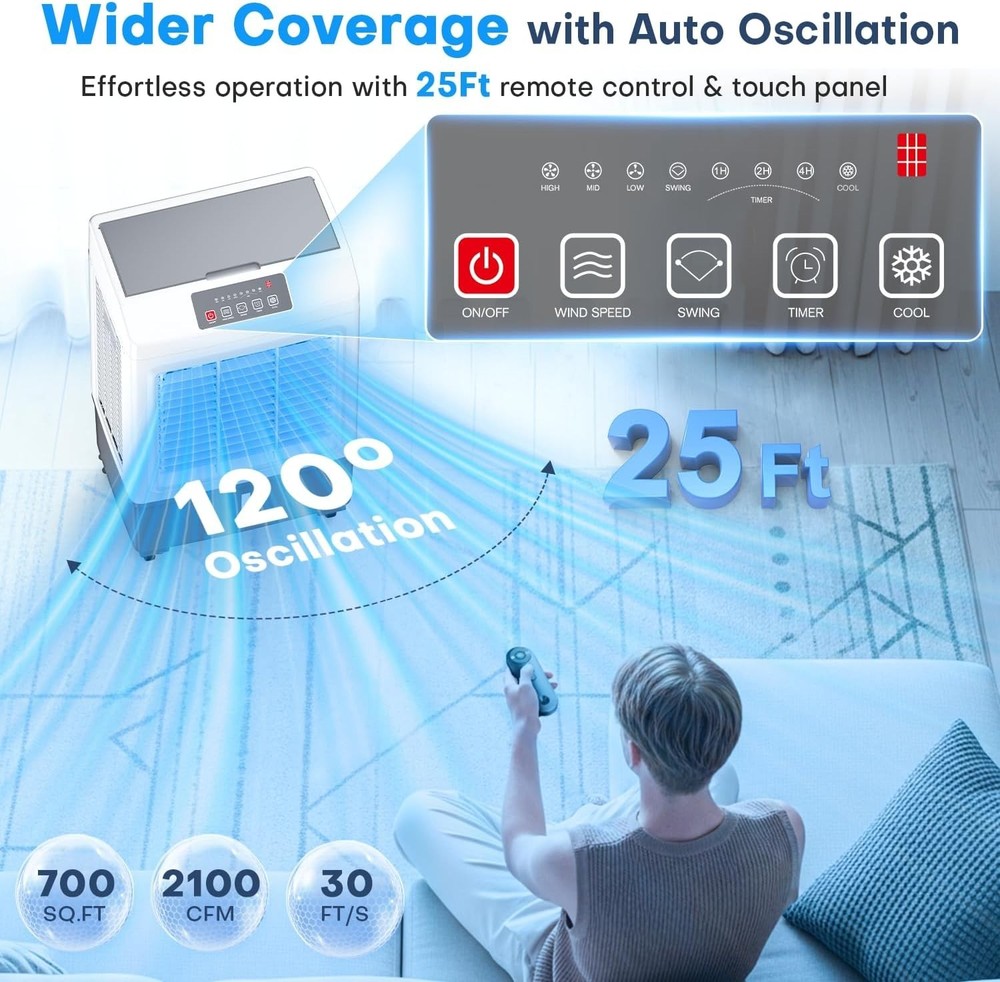 Compact Windowless Air Conditioner with Remote - 2100CFM Evaporative Cooler