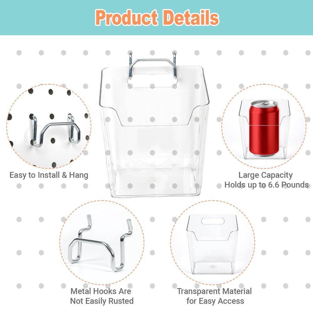 8 PCS Large Pegboard Bins Hooks Square Box Cups Transparent Organization