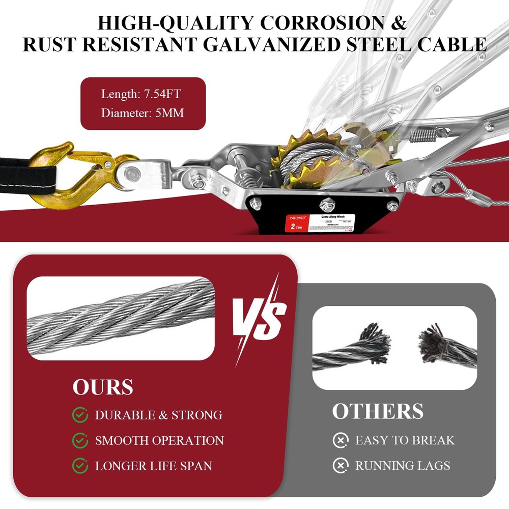 Come Along Winch, 2 Ton (4480 lbs) Pulling Capacity, 7 ft Steel Cable, 2 Hook...