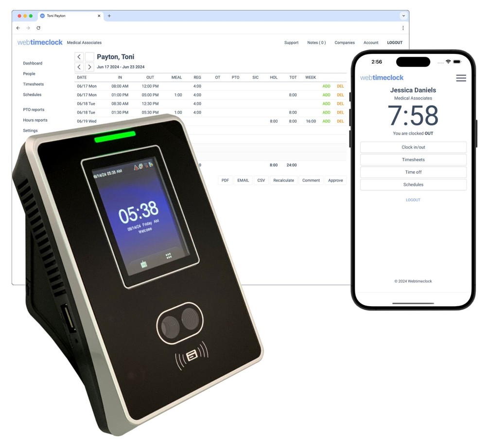 Compumatic Cloud Connected Biometric Face Reader Time Clock Ethernet WiFi