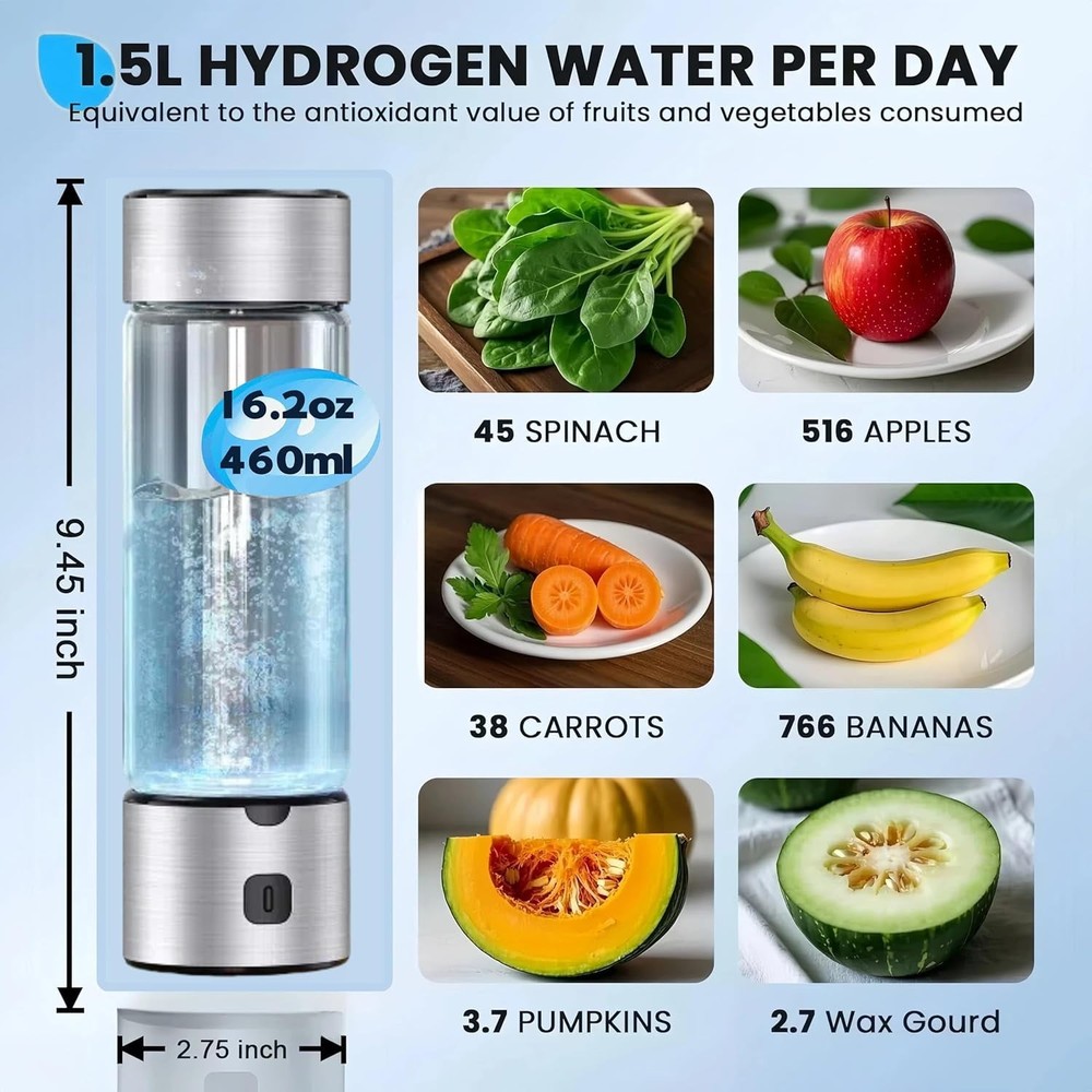 LC-dolida Hydrogen Water Bottle - 460ml, SPE/PEM Tech, 1800PPB, LED, Silver