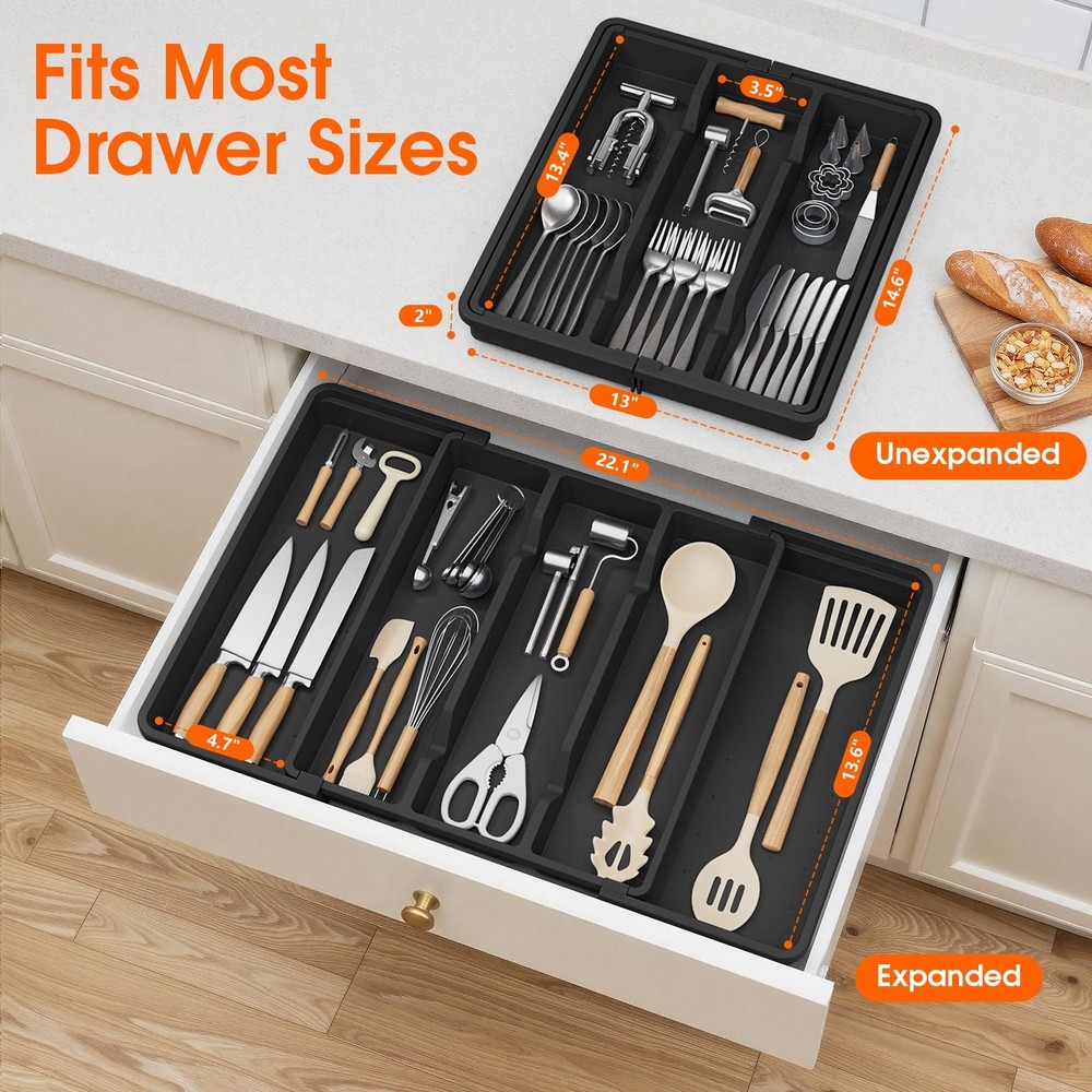 Large Silverware Organizer, Expandable Utensil Drawer Organizer for Kitchen D...
