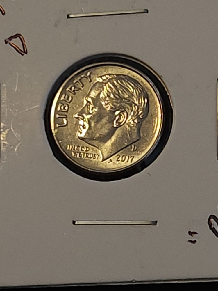2017 D Roosevelt Dime. BU = Brilliant Uncirculated.