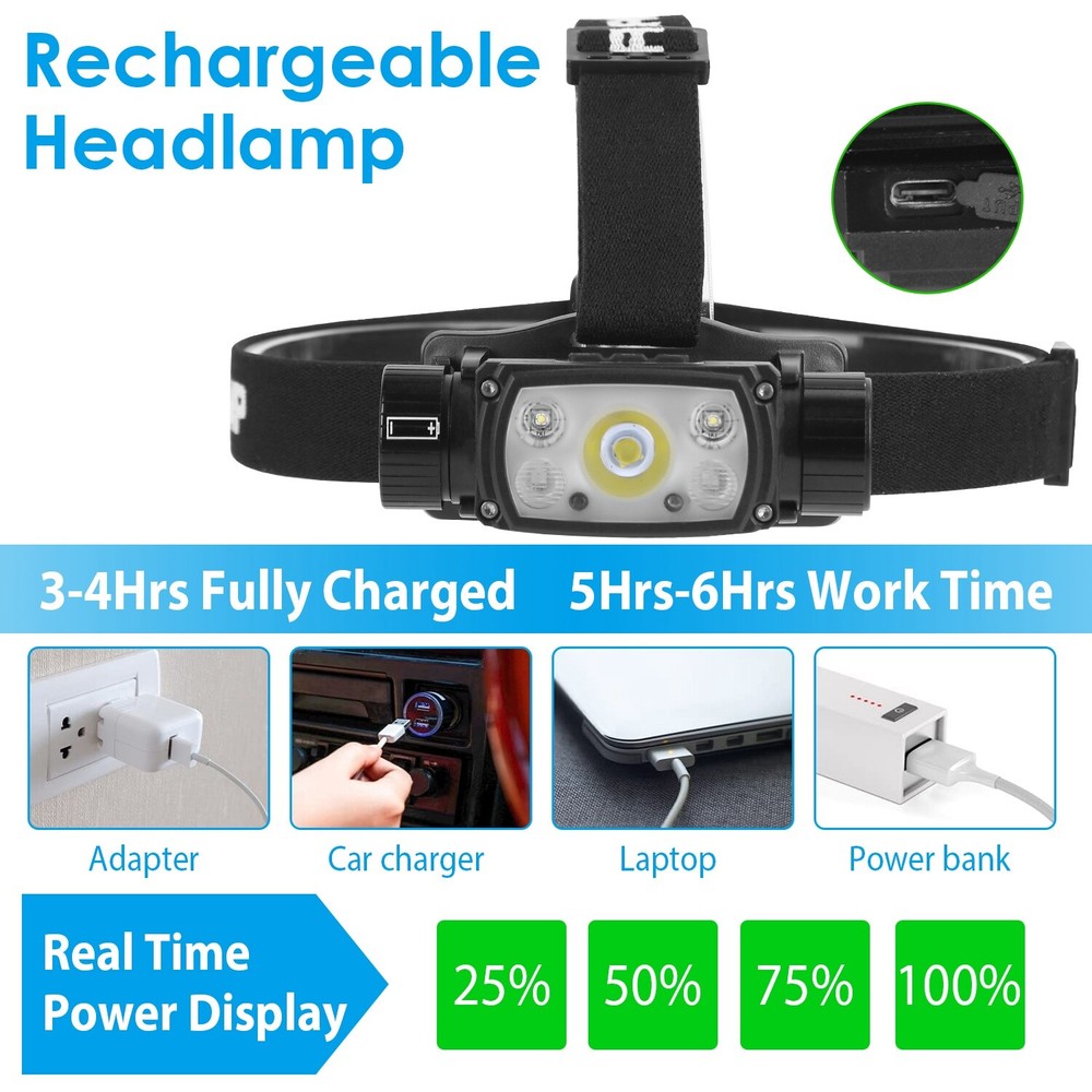 USB Rechargeable LED Headlamp Hand Wave Headlight Flashlight Torch Lamp 9 Modes