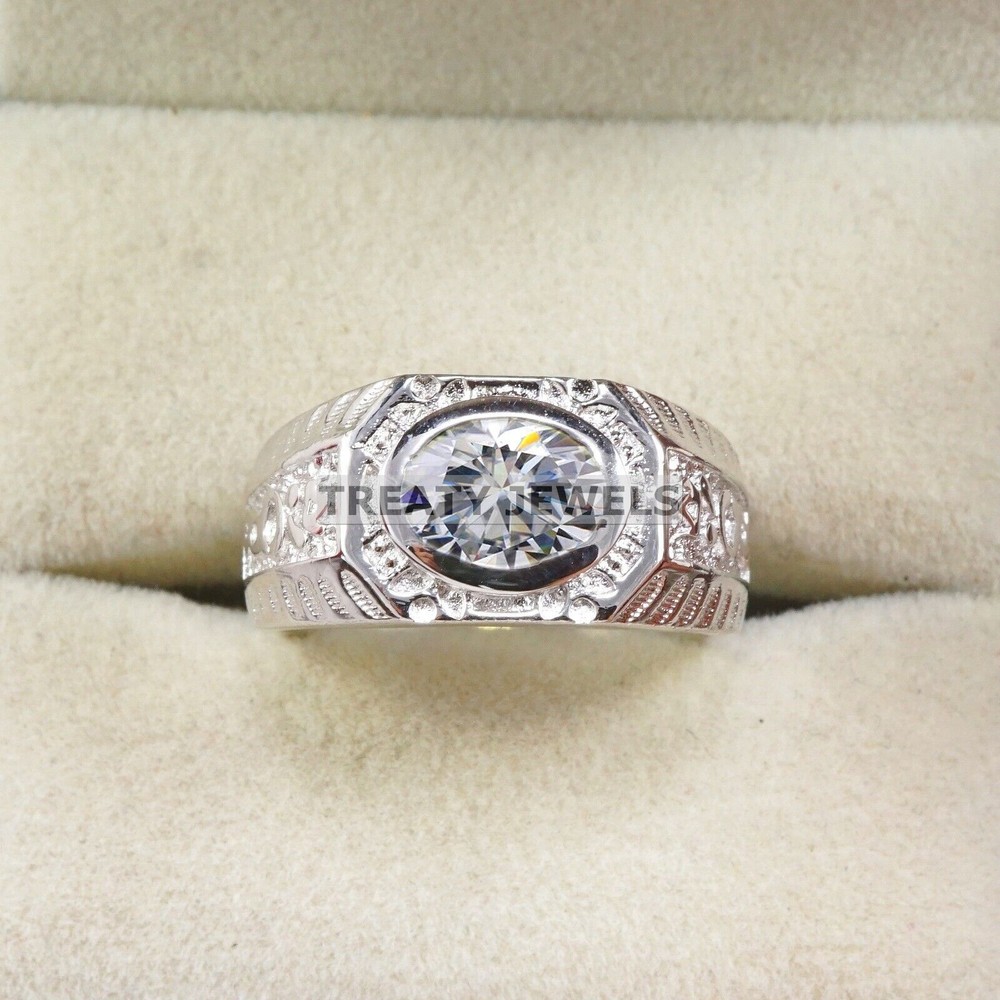 Moissanite Oval Cut Gemstone With 14K Solid White Gold Ring For Men's #B312