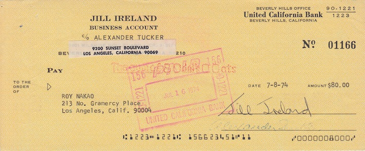 JILL IRELAND signed bank check
