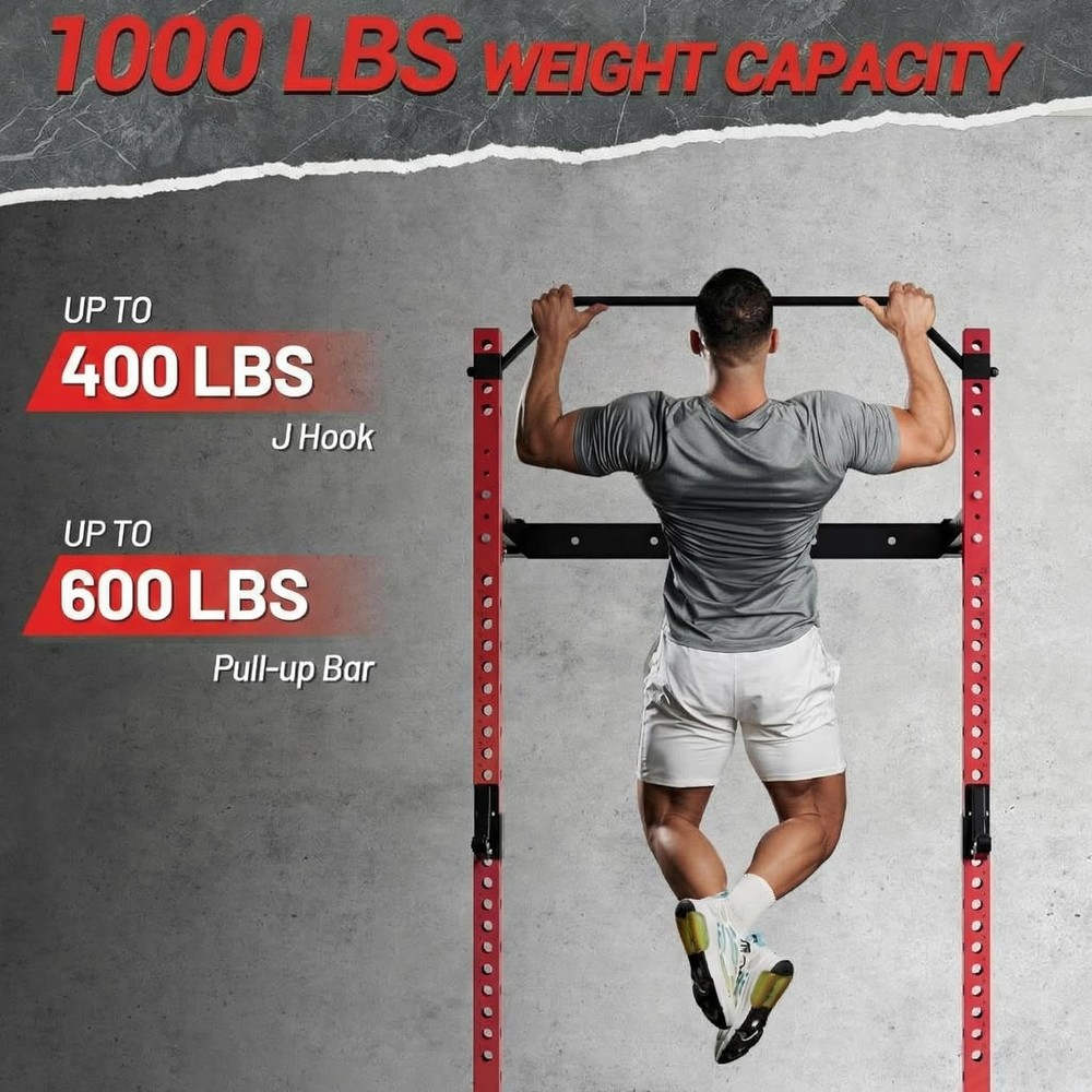 1000LBS Capacity Folding Wall-Mounted Squat Rack W/ Pull-Up Bar J-Hooks&Landmine