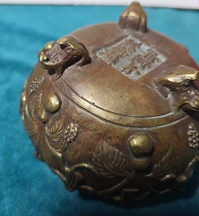 Antique Bronze Chinese Censor Incense Burner Feng Shui Toad Leaf Marked