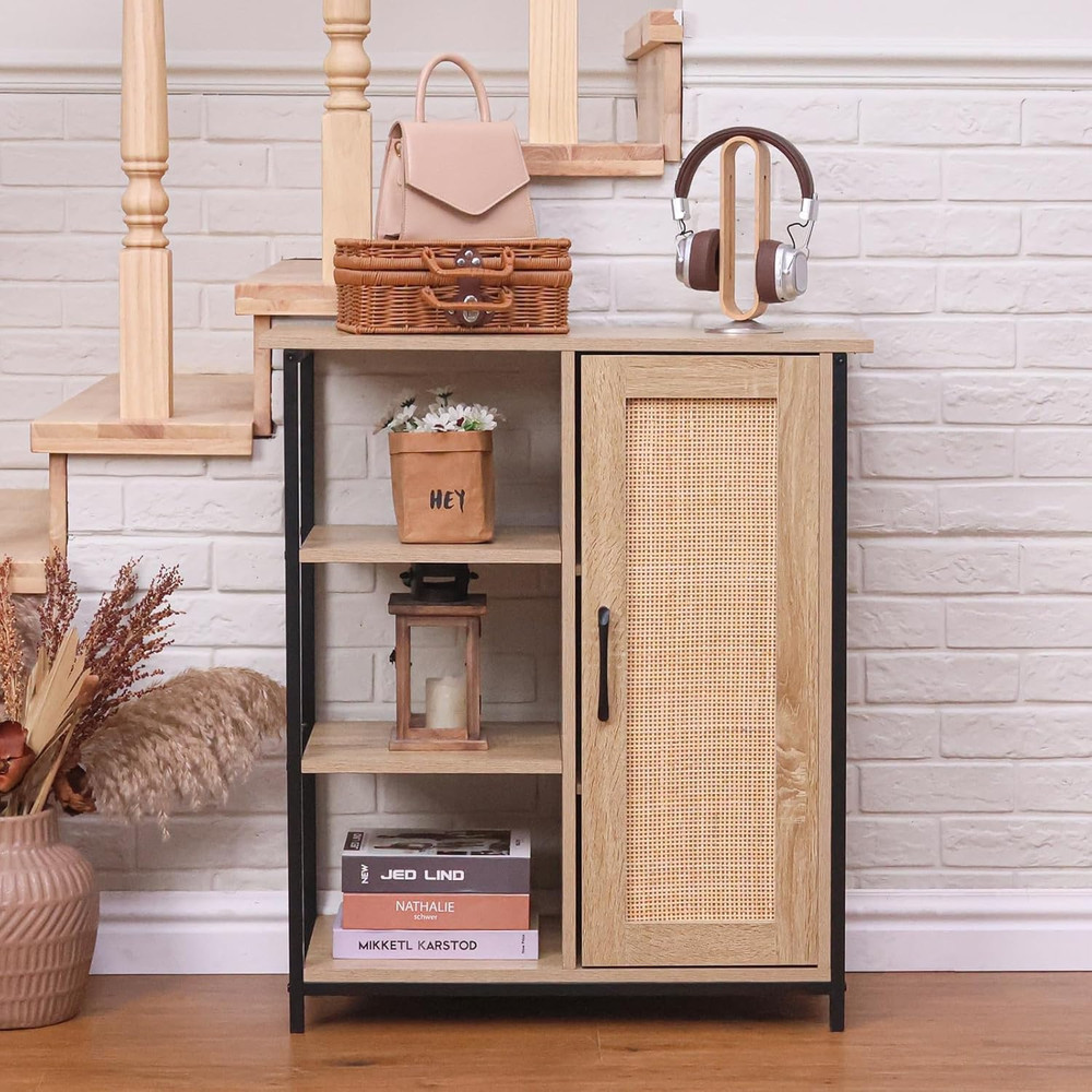Boho Rattan Sideboard Buffet Cabinet with 3-Tier Storage Shelves