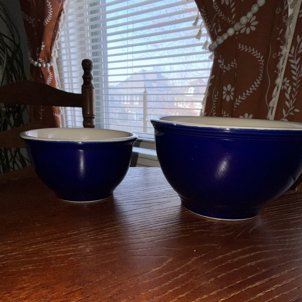 Ceramic Mixing Bowl Set of 2 Blue White Nesting Solid Pattern