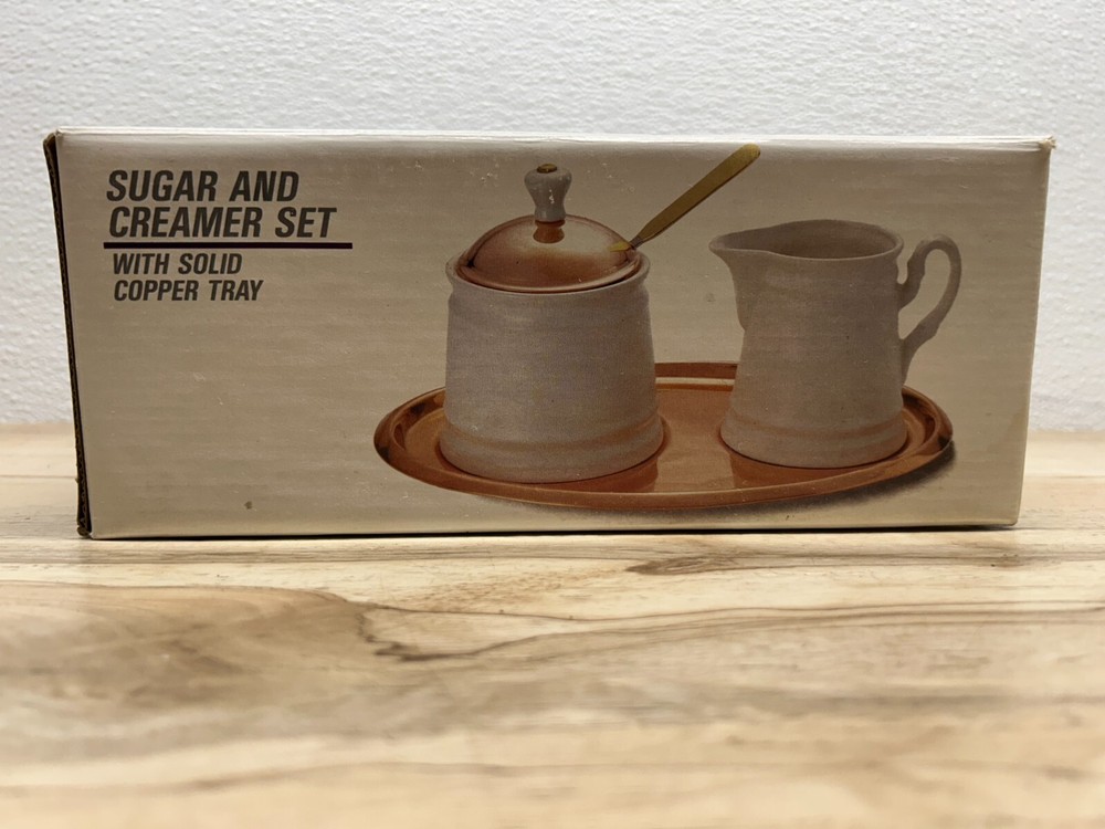 Baker Heart & Stuart White Prcelain Sugar And Creamer Set With Solid Copper Tray
