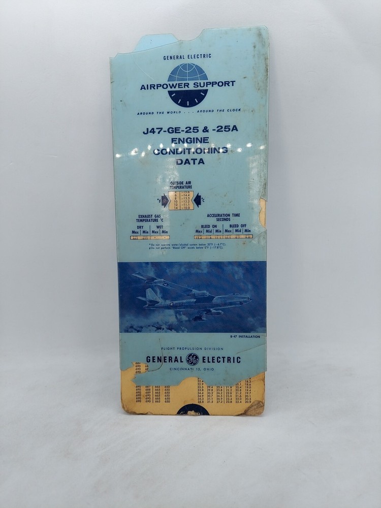 1961 General Electric J47-GE-25 & 25A Engine Conditioning Data Slide Chart B-47