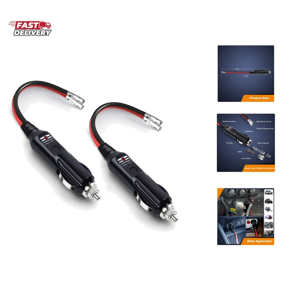 12V Replacement Cigarette Lighter Male Plug Adapters with Leads & LED Light &...