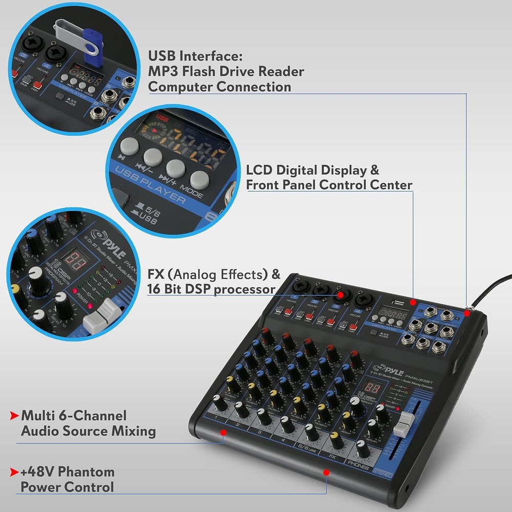 Pyle Professional Audio Mixer Sound Board Console - Desk System Interface with 6