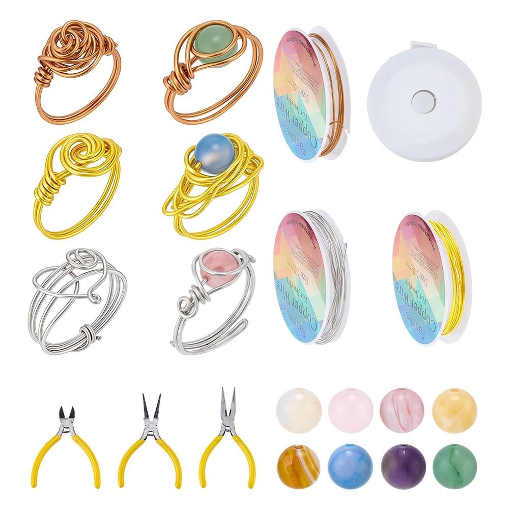 Wire Wrapped Ring Making Kit Includes 3-Color Jewelry Wire, 48pcs Crystal Bea...