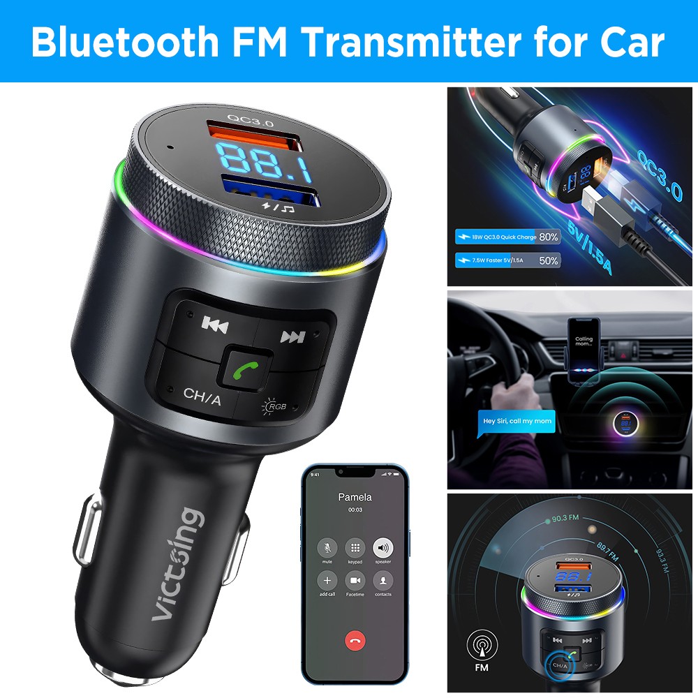 Bluetooth 5.0 Car Wireless FM Transmitter Adapter 2USB PD Charger Hands-Free AUX