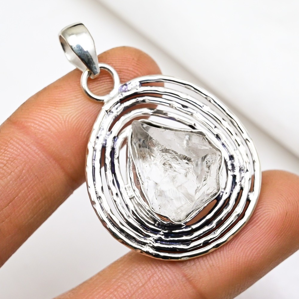 Rough Crystal Quartz Gemstone Handmade 925 Solid Silver Pendant Jewery
