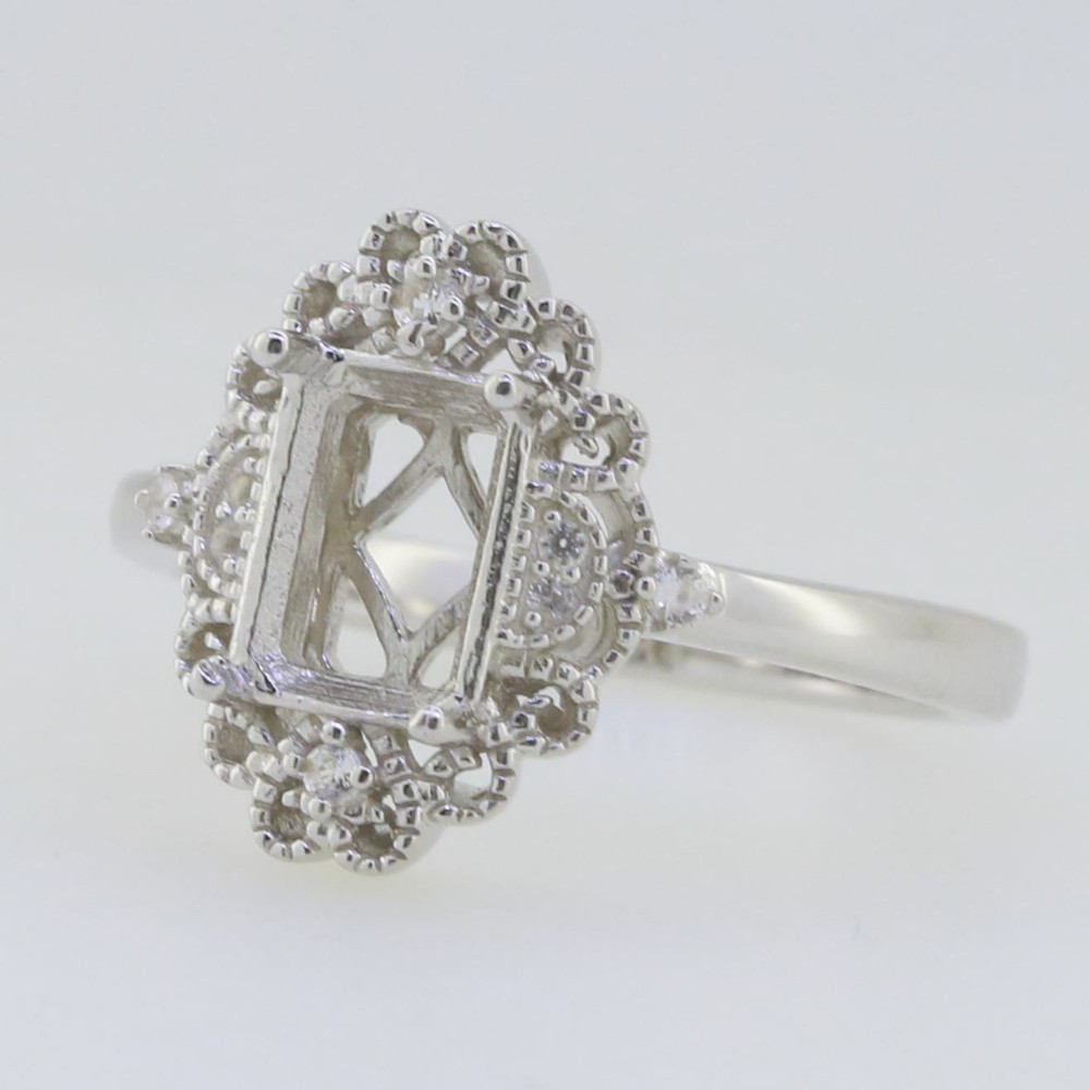 Sterling Silver Semi Mount Ring Setting Emerald OCT 8X6mm White Topaz