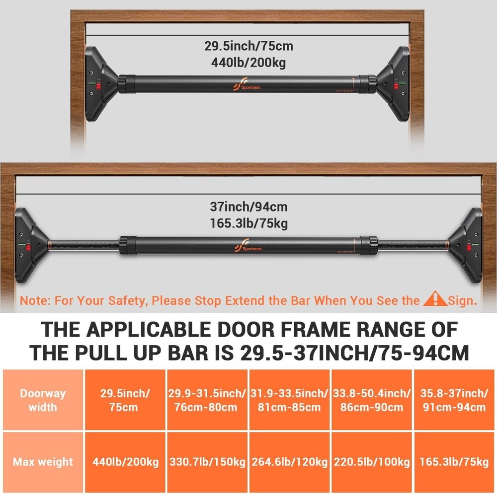 Non-Slip Adjustable Pull Up Bar: 440lbs Load Capacity for Upper Body Strength