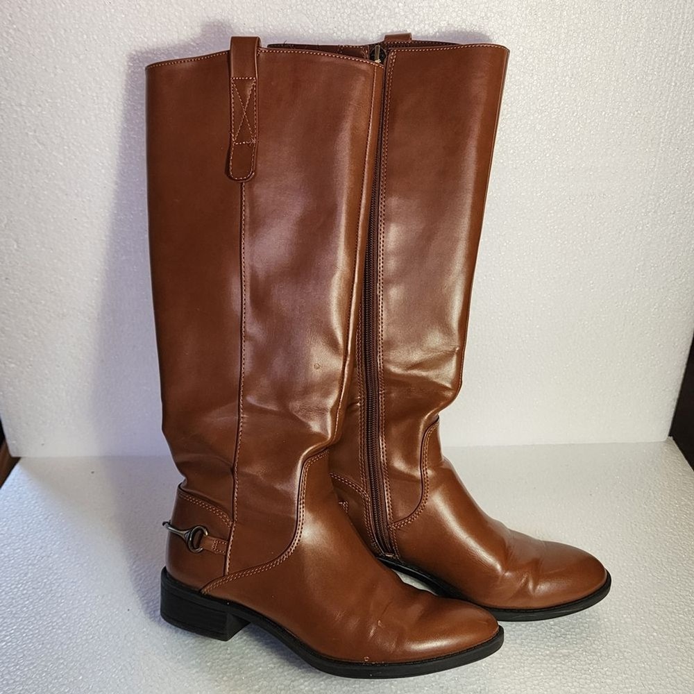 Sam & Libby Perry Tall Cognac Leather Riding Boots with Bit Accent