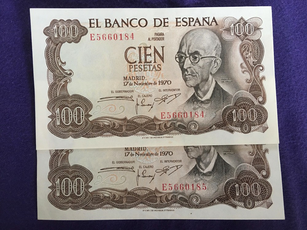 SPAIN (2 SEQUENTIAL) 1970 100 PESETA NOTES