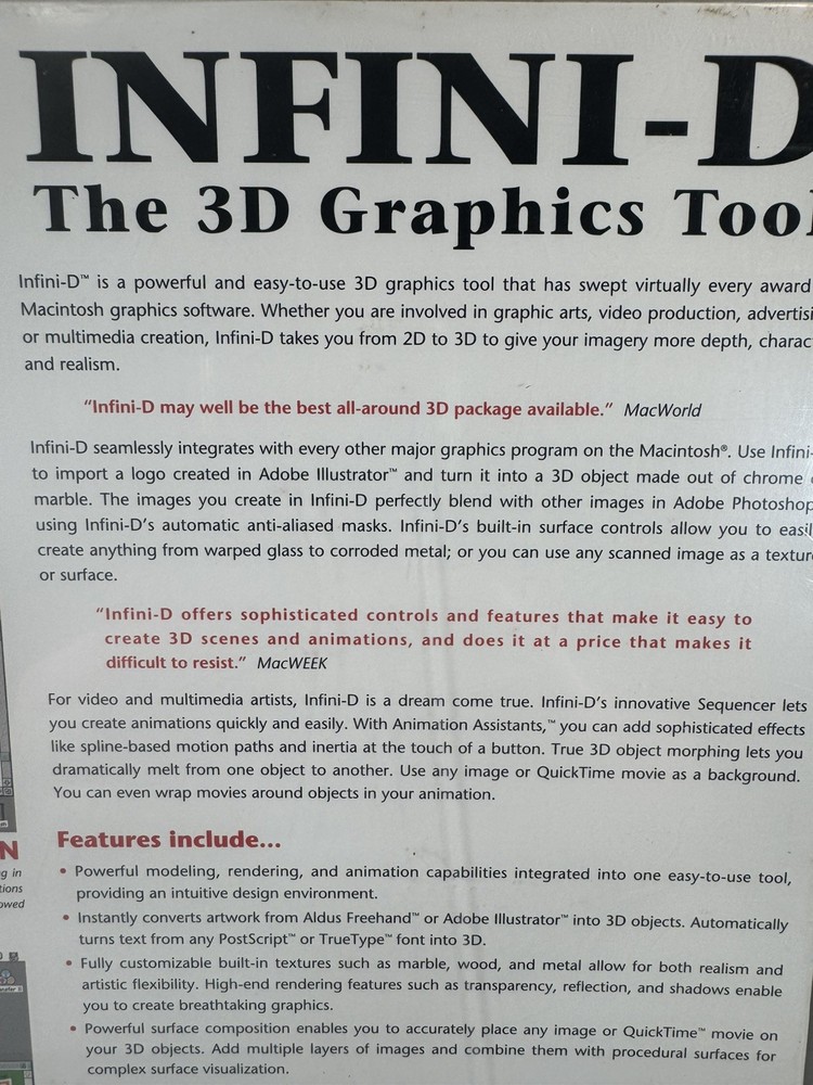 Infini-D 3D Graphics Tool Vintage Software (1994) Mac New Sealed Box
