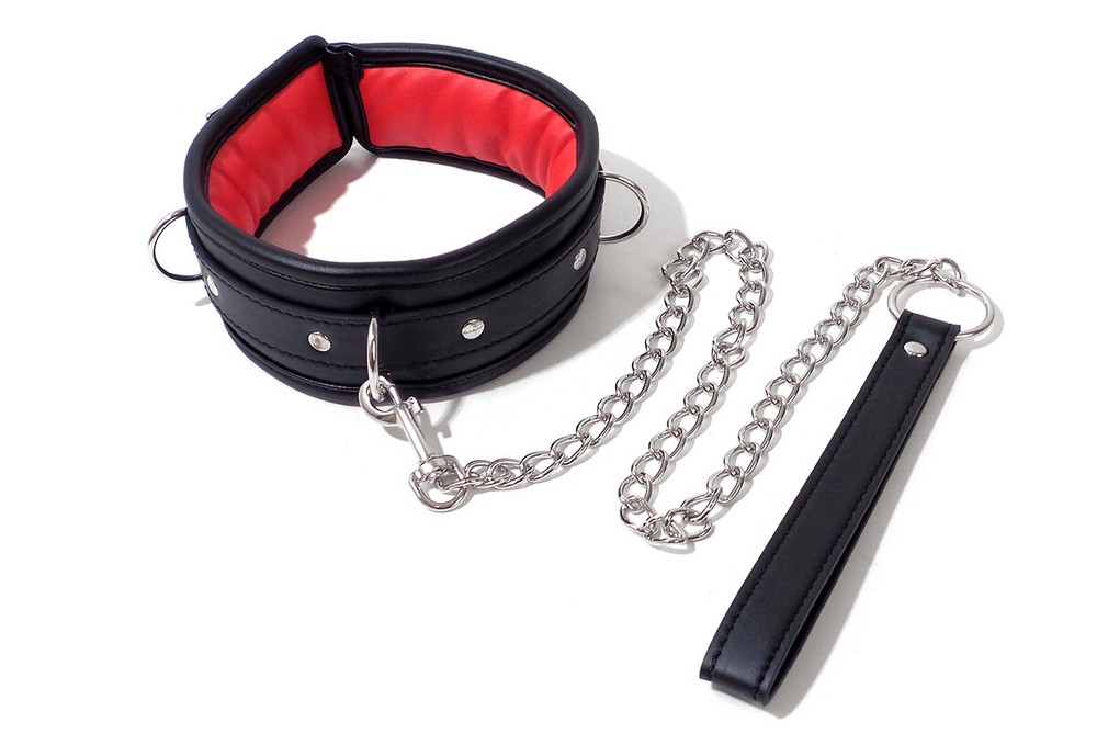 Black Leather Lockable Bondage Collar Neck Restraint with Chain Leash