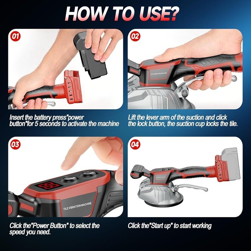 Cordless Tile Vibration Tool 8 Speed LCD Suction Cup 110 lbs Capacity Leveling