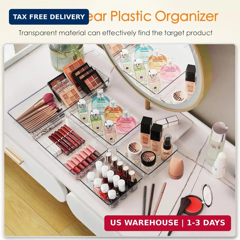 Criusia Drawer Organizer, 10 Pack Large Clear Plastic Set, 3 Size Versatile Bath