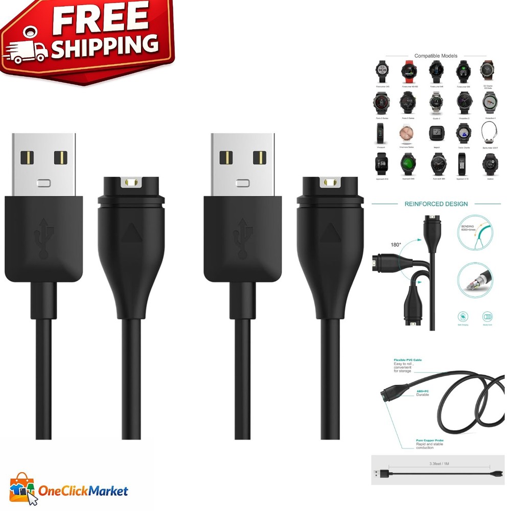 Fast Charging Garmin Watch Cable - 1M USB Type A, 2 Pack - Safety & Durability