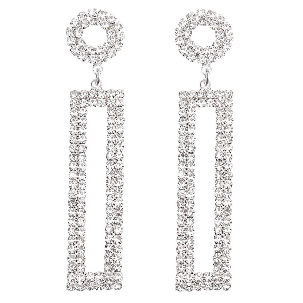 Rhinestone Long Drop Earrings Statement Rectangle Dangle with Circle Studs Fa...