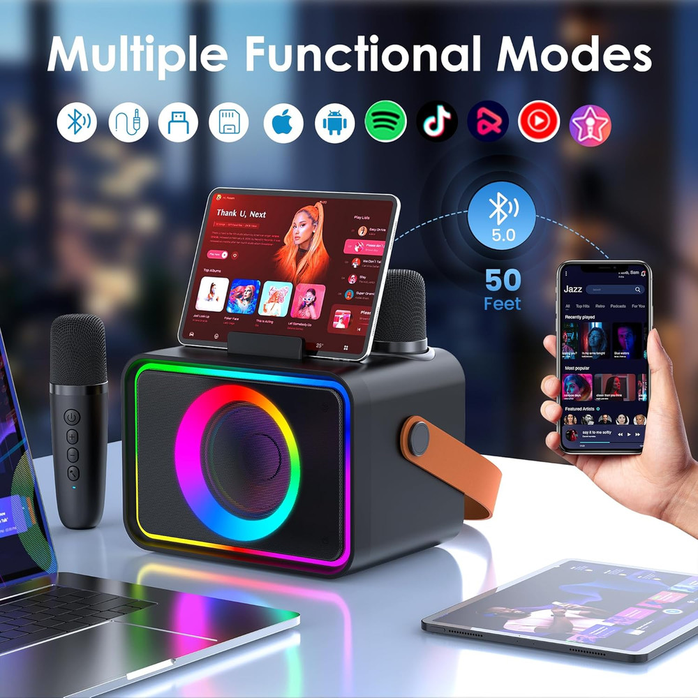 Karaoke Machine,Portable Bluetooth Speaker with 2 Wireless Microphone for Adults