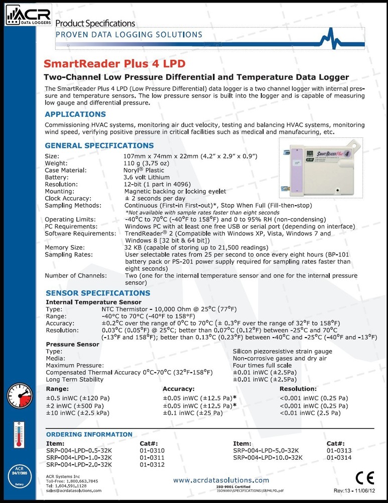 ACR SMART READER PLUS 4 LO PRESSURE DIFFERENTIAL DATA LOGGER - 10" RANGE