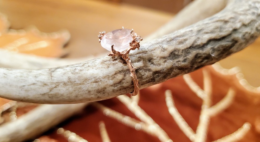 Unique Handcrafted Pink Moonstone Ring with Tiny Diamonds
