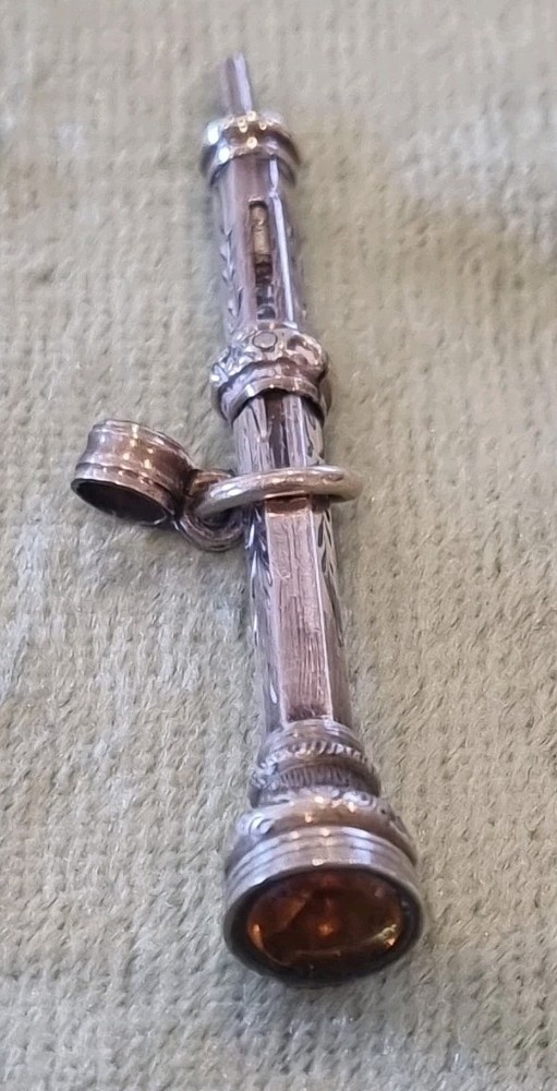 Antique Solid Silver Propelling Pencil With Orange stone , Fob ,  Chatelaine