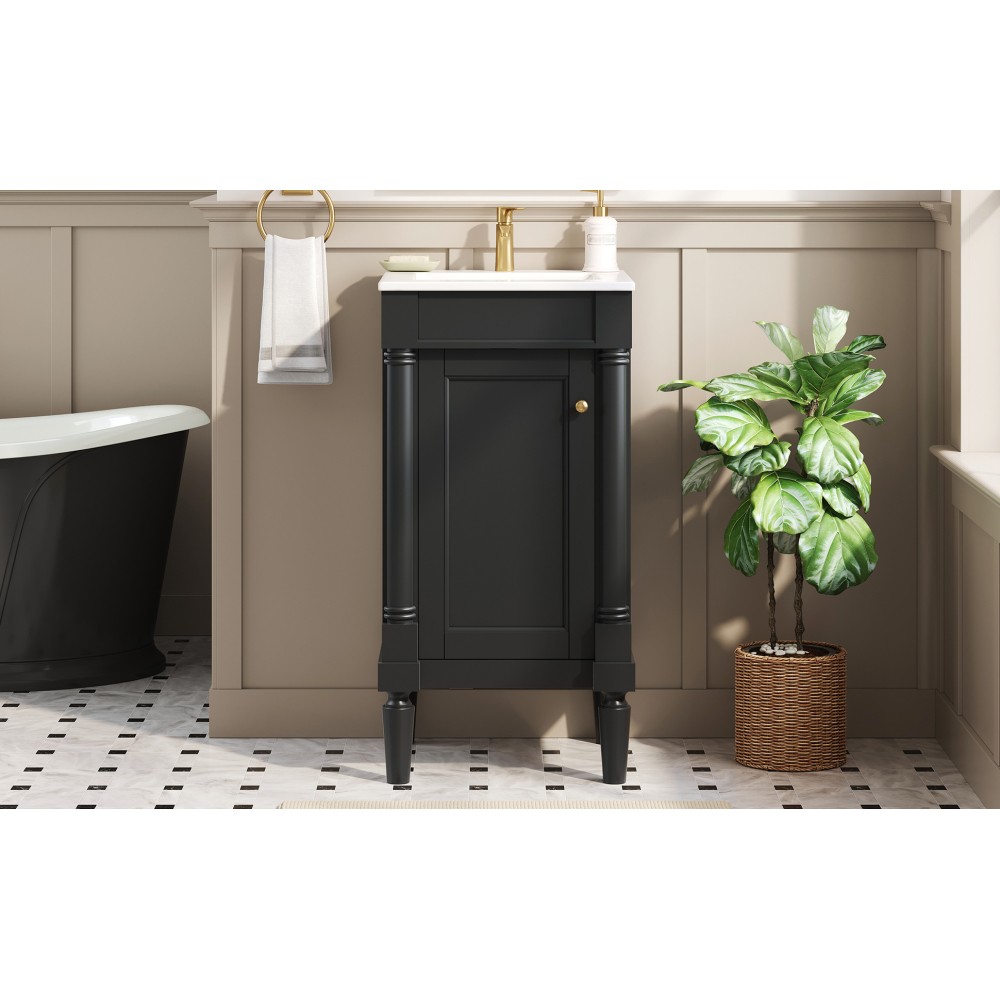 French Bathroom Vanity with Ceramic Sink & Soft-Closing Doors, Black