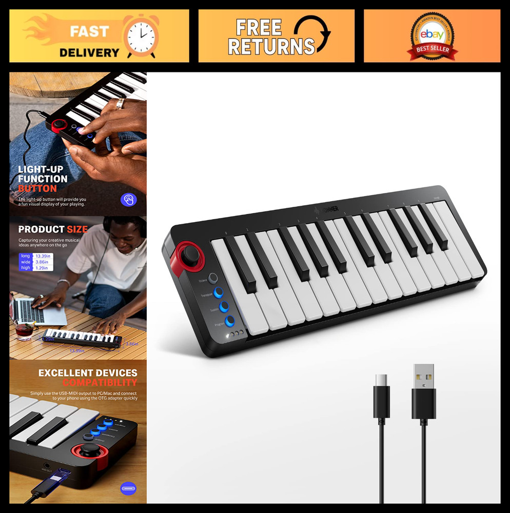 25-Key Mini MIDI Keyboard Controller for Beginners - Velocity-Sensitive Keys, Li