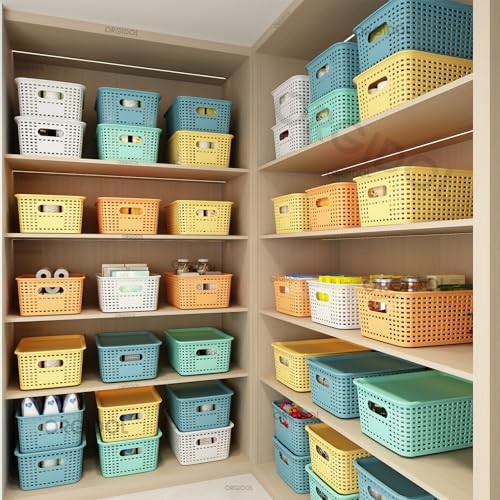 Plastic Storage Basket with Lids Stackable Storage Bins 10 Pack Colorful