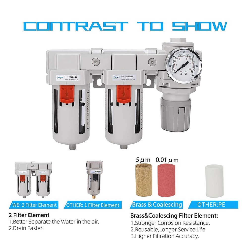 Air Drying System 3/8NPT Filter Regulator Combo Semi-Auto Drain 5 Micron