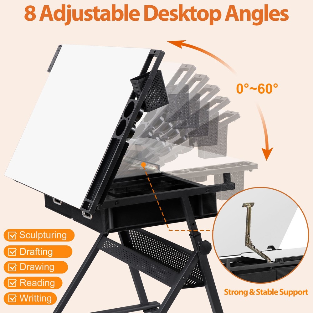Adjustable Drafting Table Tilting Drawing Desk w/Charging Station & Stool White