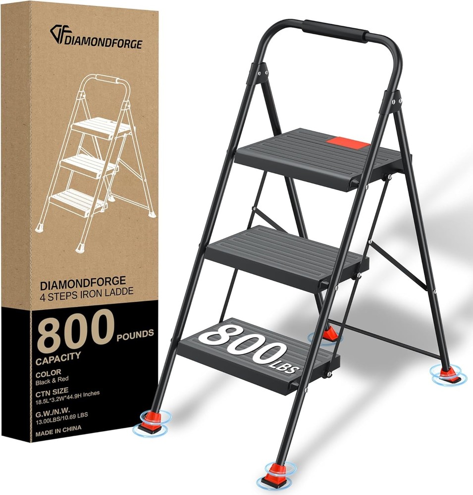 Step Ladder Foldable Folding Stool - for Home Adults Kitchen 3 3 Step, Red