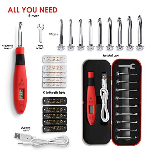 Light Up Crochet Hook Set with Case, Counting Crochet Hook Set Digital for Red