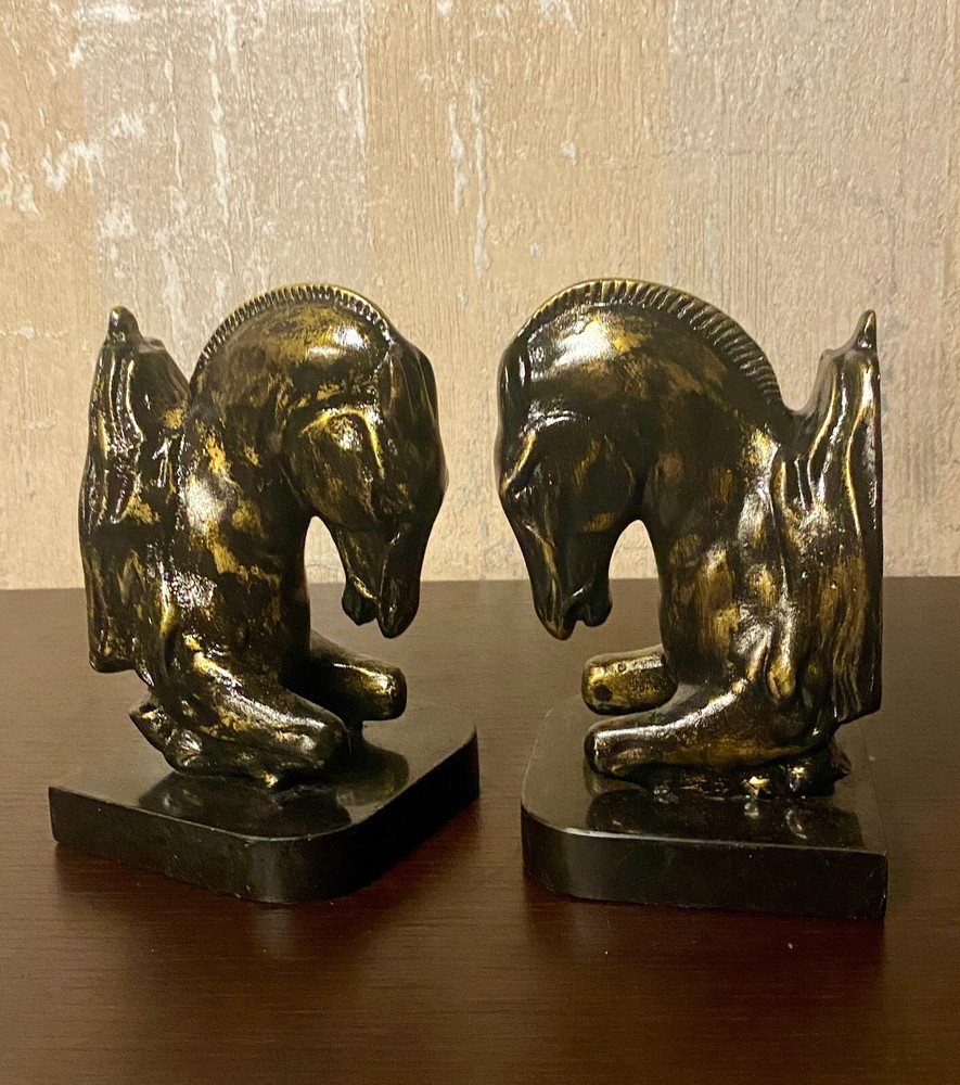 Pair Brass and Marble Horse Bookends